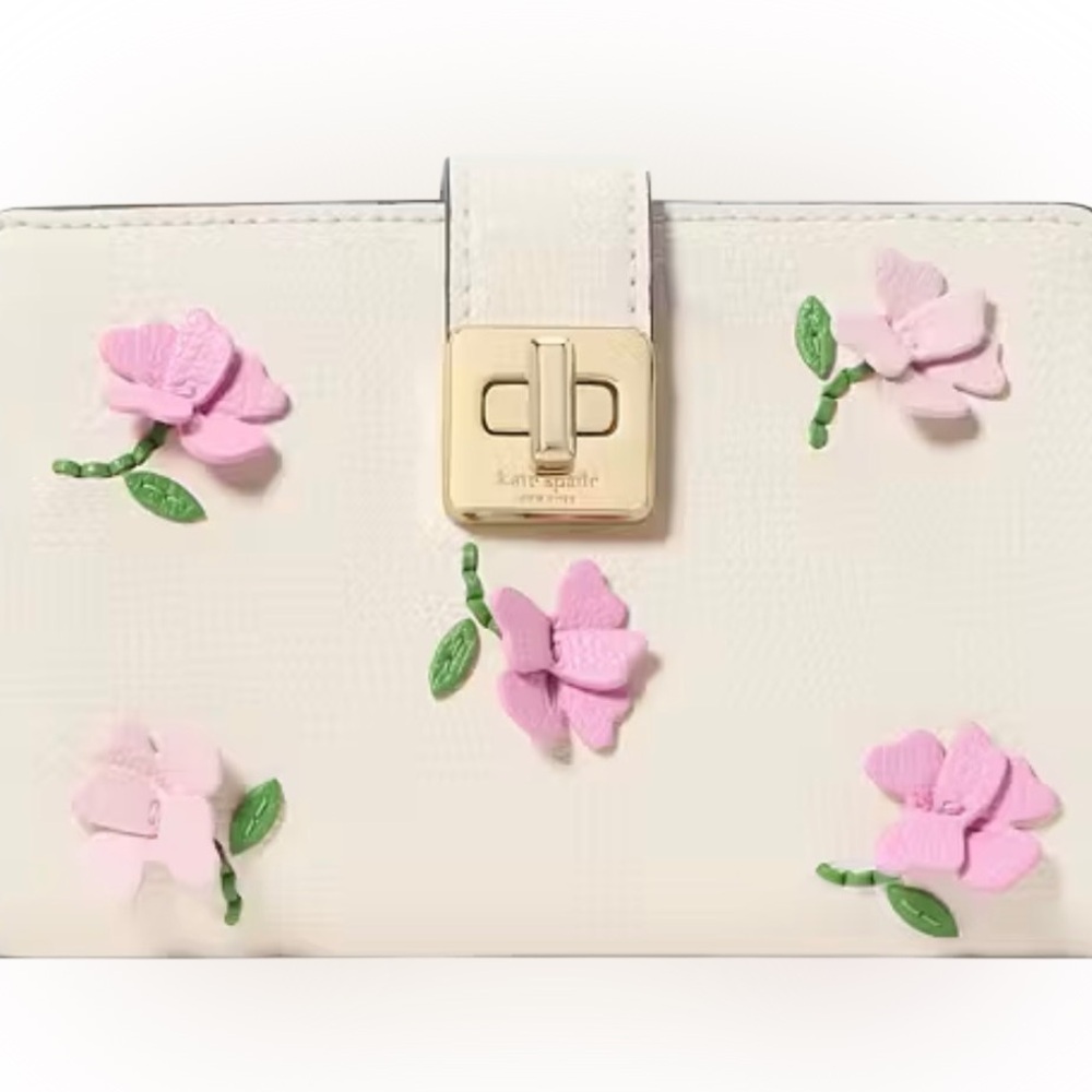 🌸 Kate Spade Phoebe Floral Applique Turnlock Medium Wallet - Picture 2 of 13